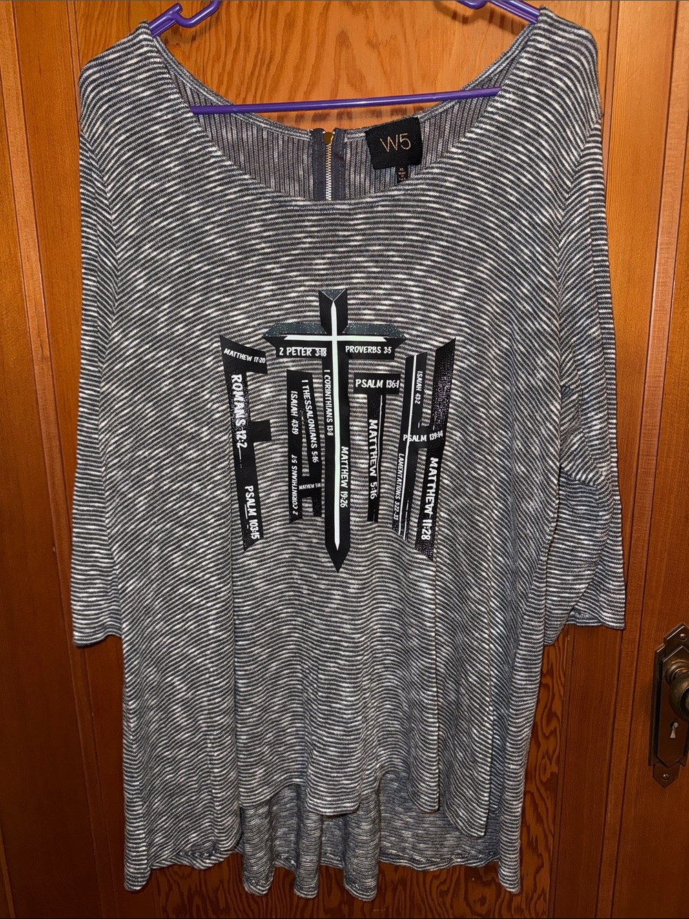 W5 Men's Gray and Black Striped Long-Sleeve Shirt with Cross Graphic